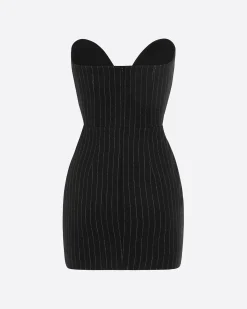 Strapless Sweetheart Twist Mini Dress in Wool Pinstripe