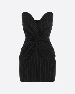 Strapless Sweetheart Twist Mini Dress in Wool Pinstripe