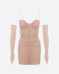 Sweetheart Ruched Mini Dress in Fine Mesh