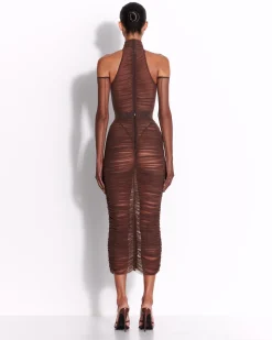 Turtleneck Ruched Bodysuit in Fine Mesh