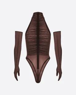 Turtleneck Ruched Bodysuit in Fine Mesh