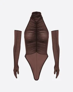 Turtleneck Ruched Bodysuit in Fine Mesh