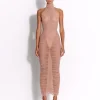 Turtleneck Ruched Column in Fine Mesh