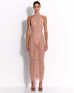 Turtleneck Ruched Column in Fine Mesh