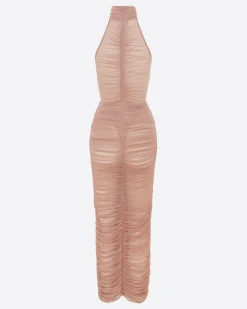 Turtleneck Ruched Column in Fine Mesh