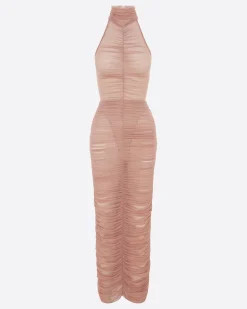 Turtleneck Ruched Column in Fine Mesh